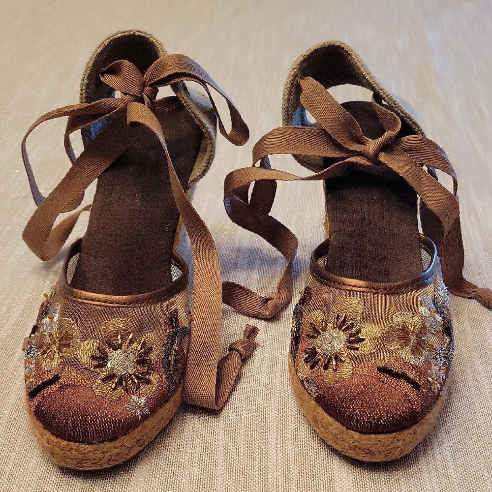 Montego Bay Club Brown and Gold Espadrilles with Ankle Wraps